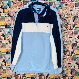 Vintage Tommy Hilfiger Colorblock Rugby Shirt L/S Navy Sky Cream Flag Logo